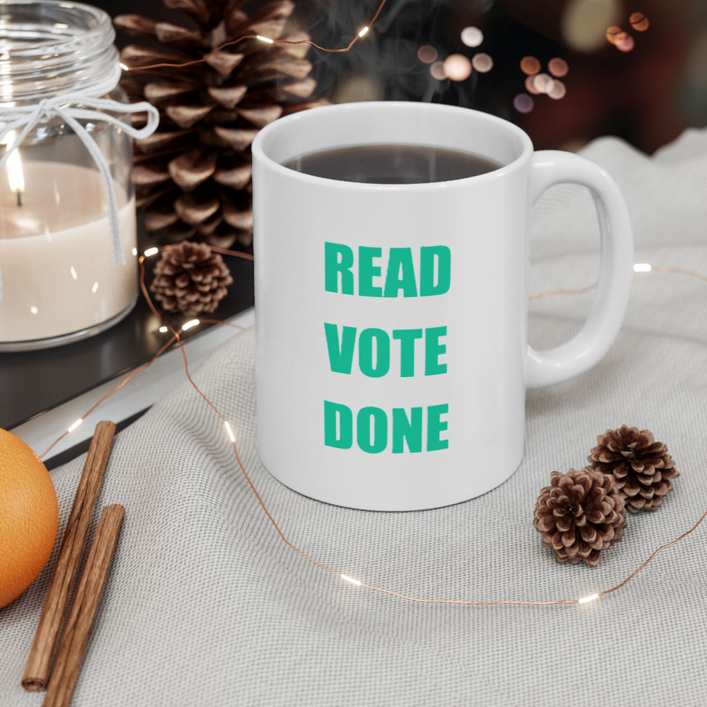 READ VOTE DONE TEAL Ceramic Mug, (11oz, 15oz)