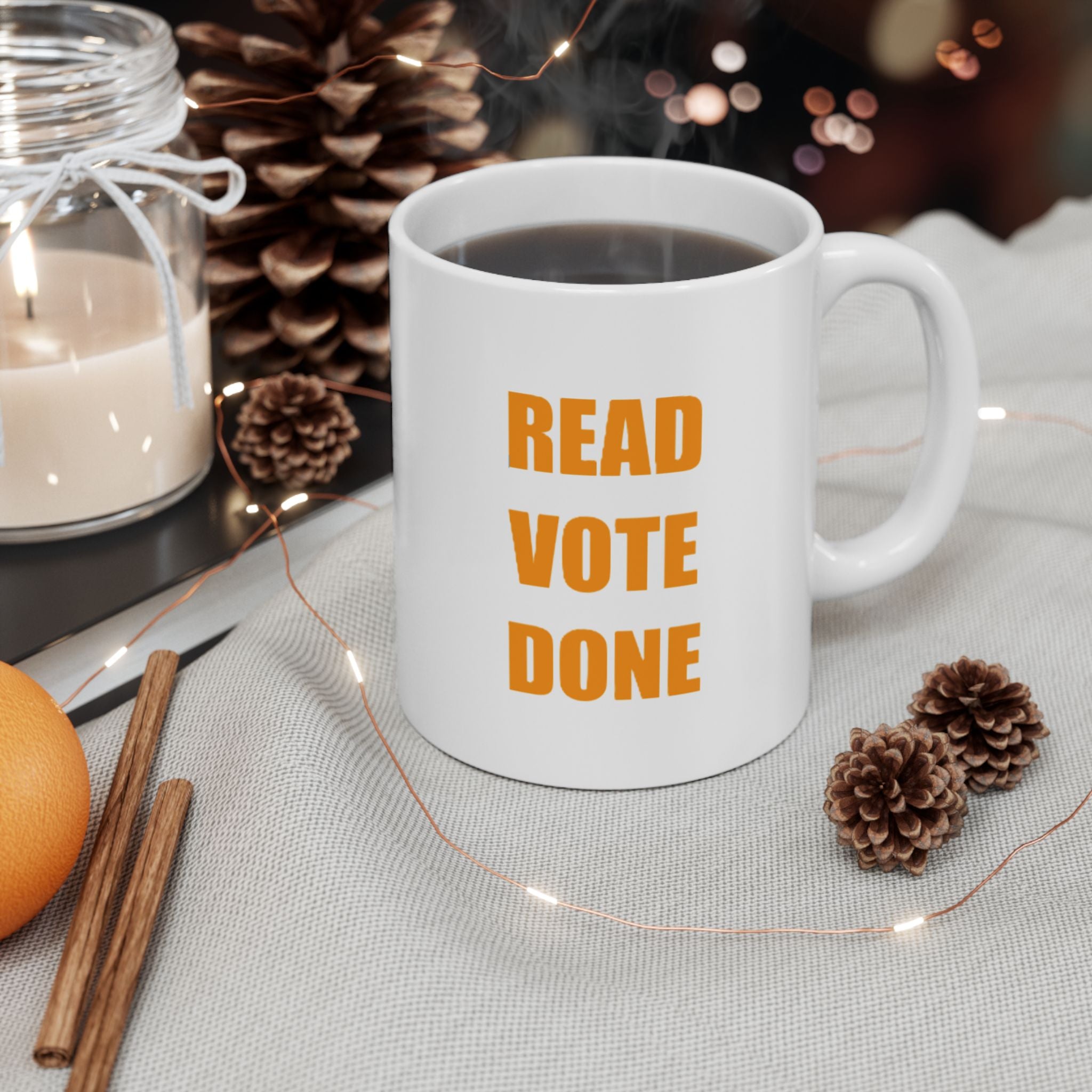 READ VOTE DONE AMBER Ceramic Mug, (11oz, 15oz)