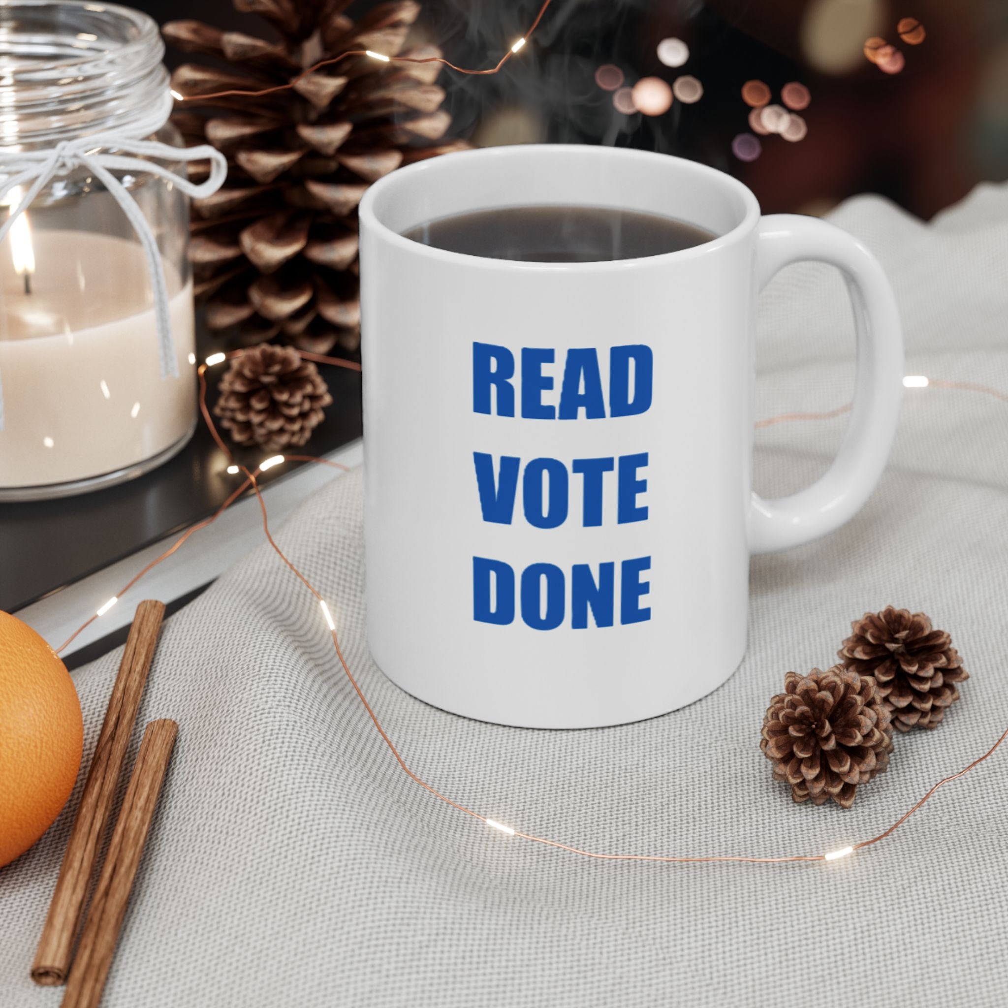 READ VOTE DONE BLUE Ceramic Mug, (11oz, 15oz)