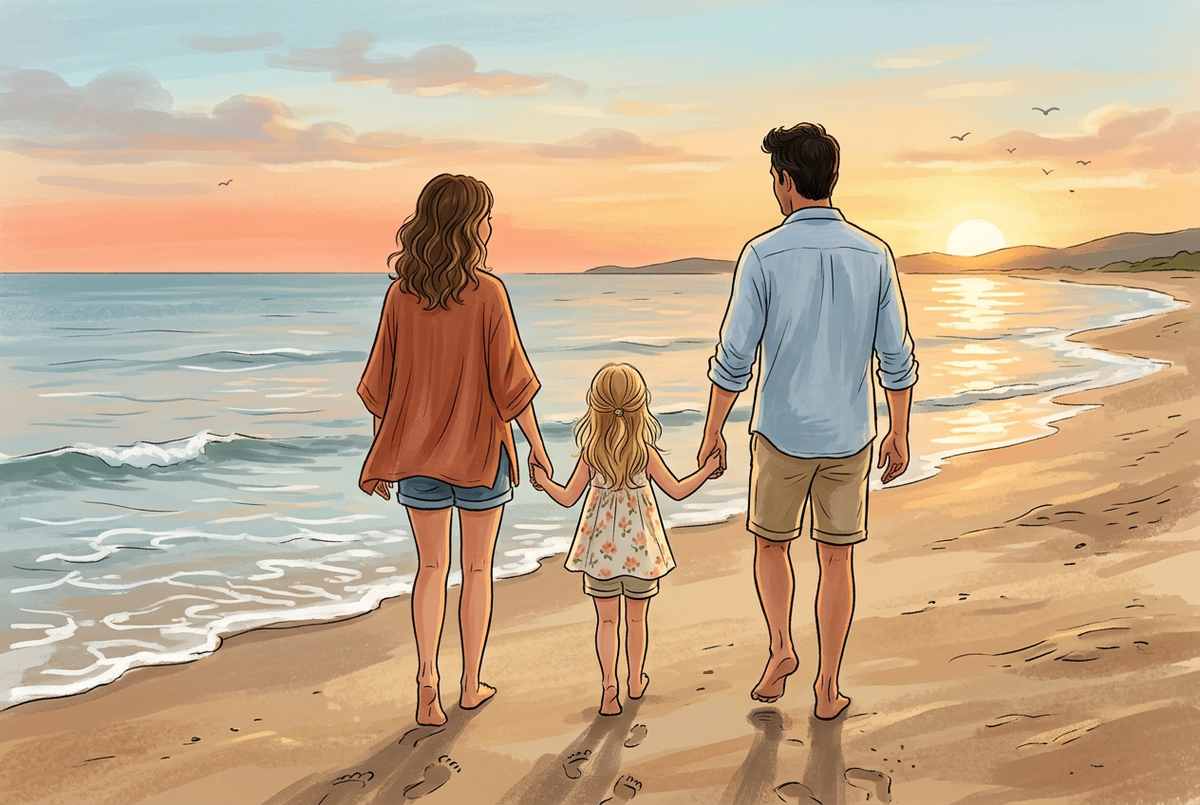 A little girl holding both parents’ hands on a beach at sunset, viewed from behind