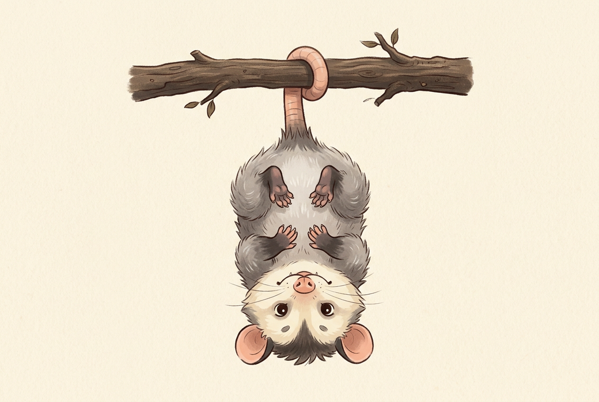 A possum hanging upside down by its tail from a tree branch