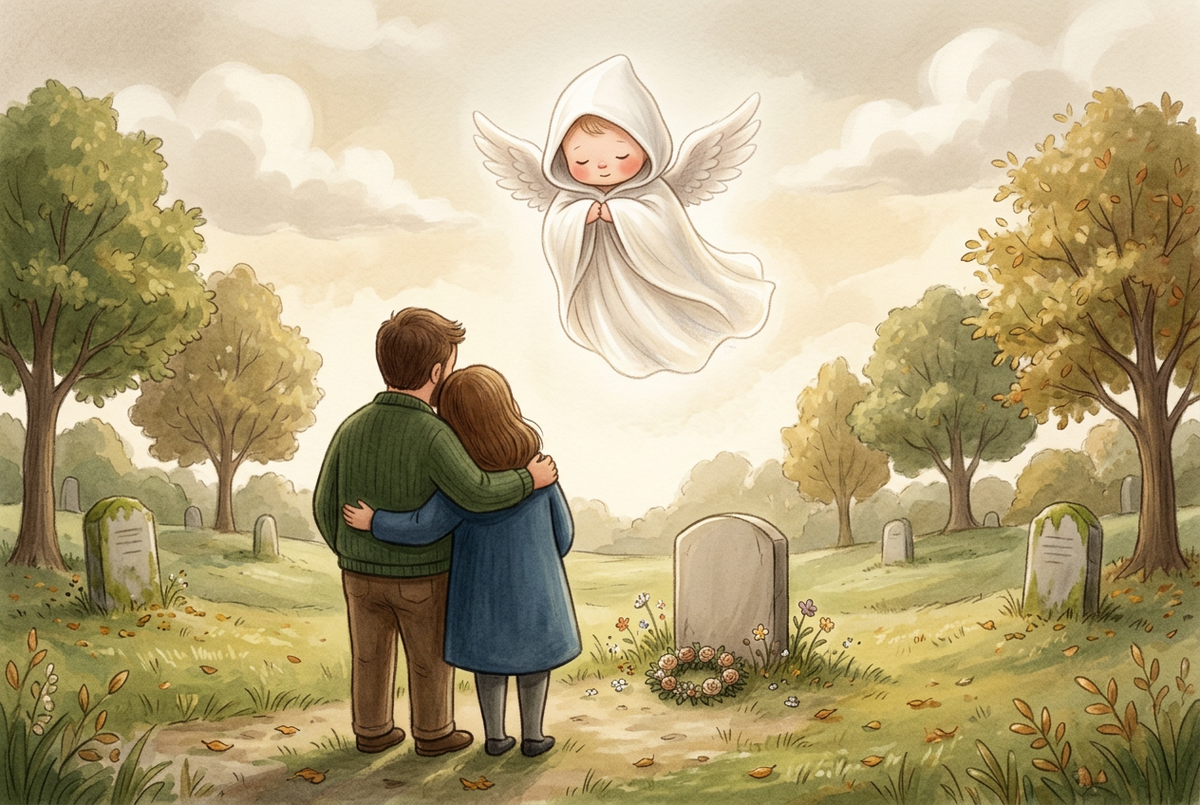 A softly hooded baby angel floating above two parents standing together at a grave in a peaceful cemetery