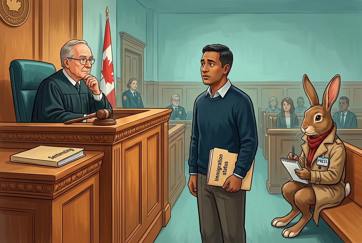 An immigrant standing before a judge awaiting sentencing, with Rabblit Reporter observing
