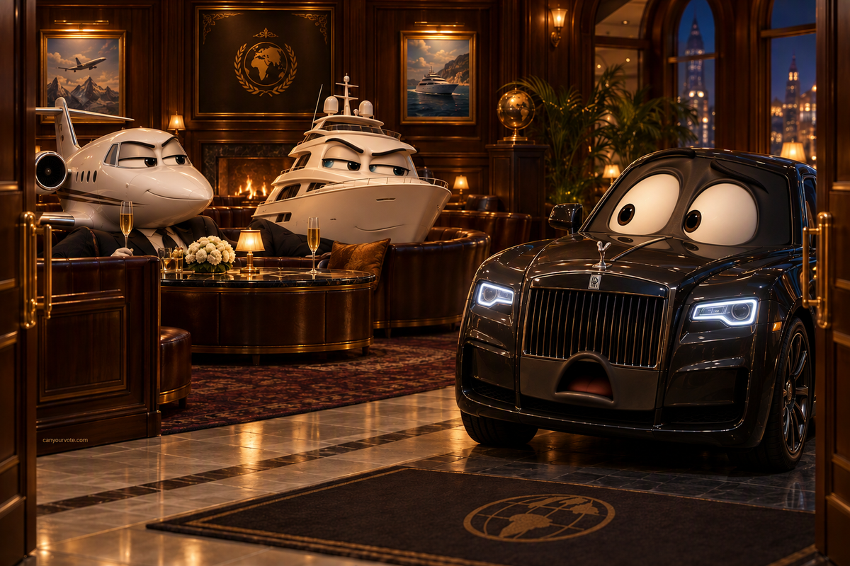 Lounge cartoon with a smug plane and yacht snubbing a wide-eyed, shocked luxury car