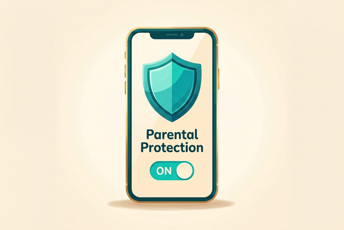 Phone screen with a teal shield and Parental Protection ON