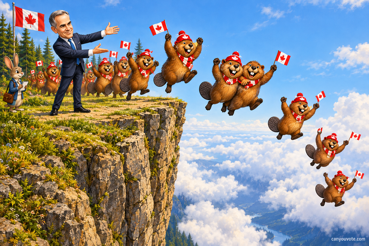 Political cartoon of Carney gesturing toward a cliff edge as flag-waving beavers leap, including a linked-arm pair, while Rabblit observes
