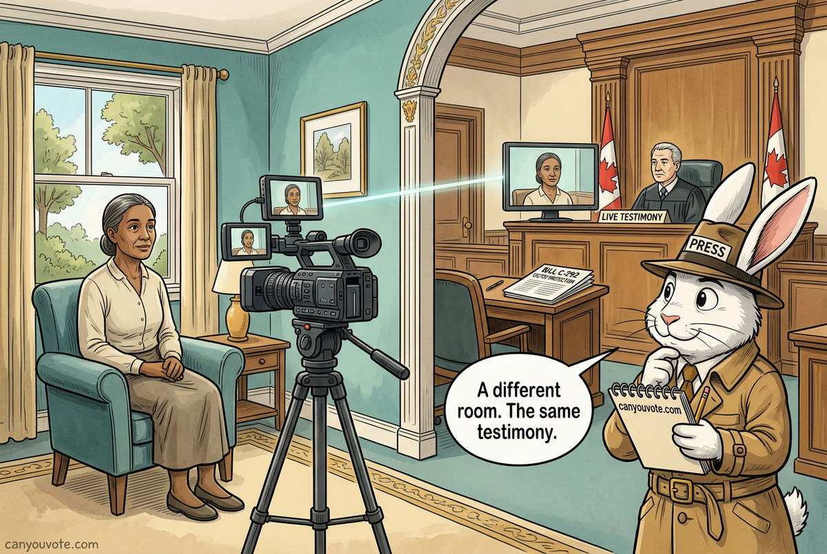 Rabblit Reporter observes a witness testifying from a separate building by video link to a courtroom, with Bill C-292 on the judge’s desk