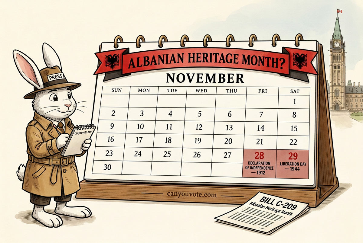 Rabblit Reporter with a softer, friendly expression beside the Albanian heritage calendar
