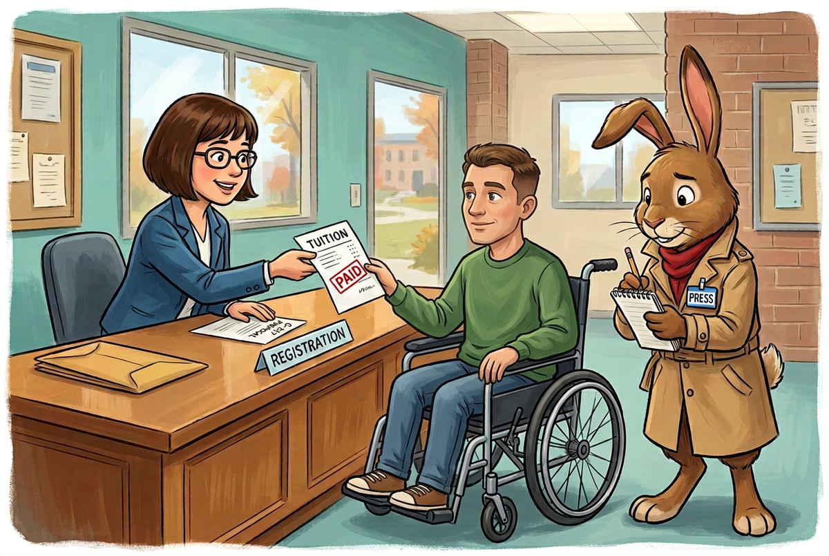 Revised C-217 cartoon with an adult male college student at the registration desk