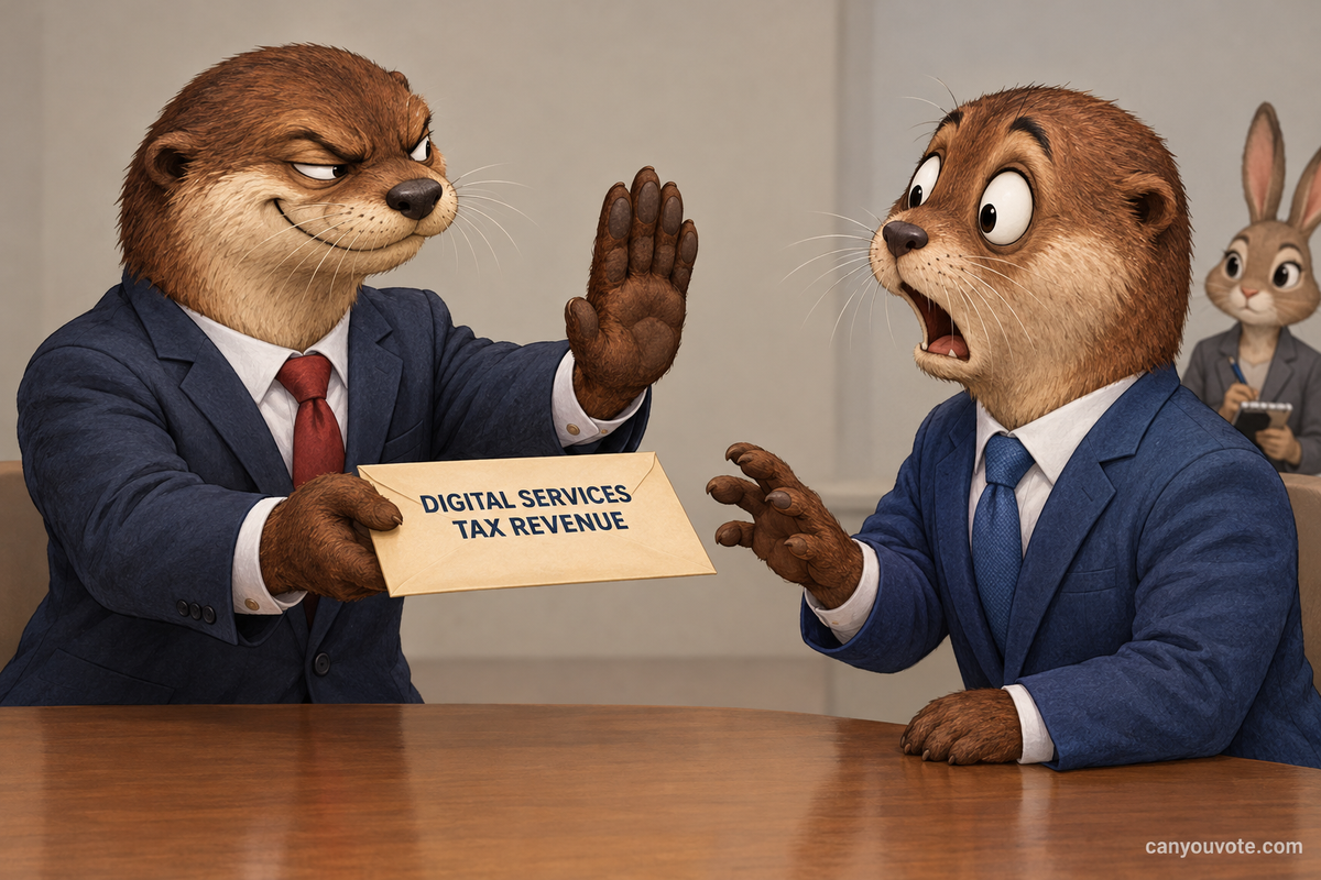 Two suited otters, one offering an envelope while raising a stop-paw, the other reacting in shock