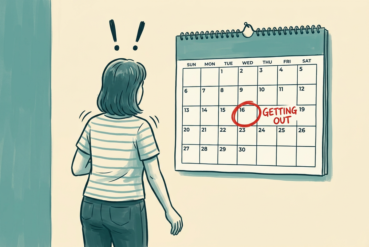 Woman viewed from behind looking at a calendar with a red-circled date marked GETTING OUT and exclamation marks above her head